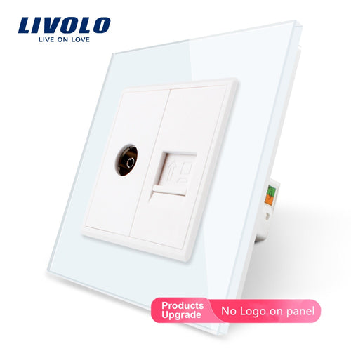 Livolo, 7colors Crystal Glass Panel, 2 Gangs Wall Computer and TV Socket