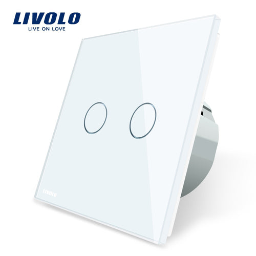 Livolo 2 Gang 1 Way Wall Touch Switch, White Crystal Glass Switch Panel, EU Standard