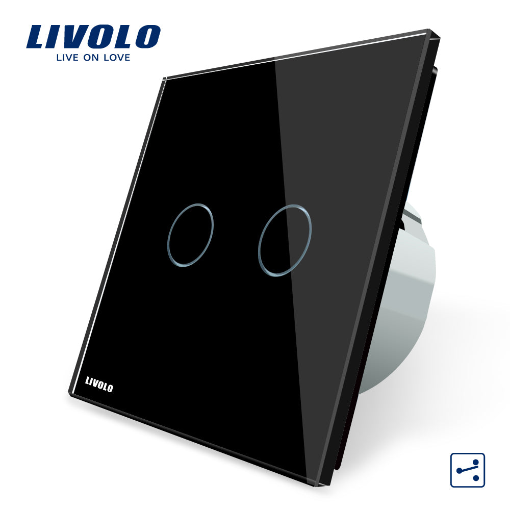 Livolo EU standard, Wall Switch, VL-C702S-12, 2 Gang 2 Way Control, Black Crystal Glass Panel