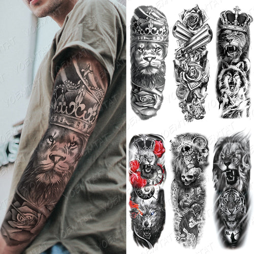 Large Arm Sleeve Tattoo Lion Crown King Rose Waterproof Temporary Tatoo Sticker Wild Wolf Tiger Men Full Skull Totem Tatto