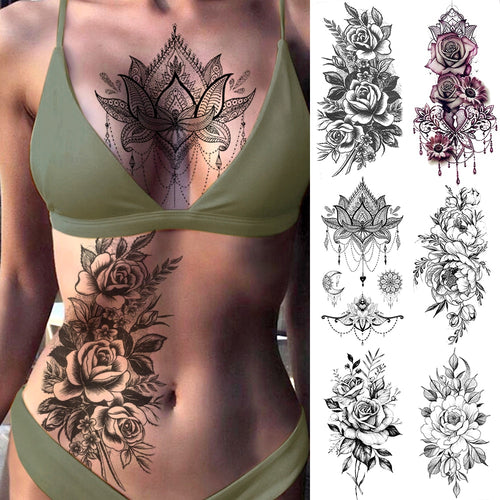 Purple Rose Jewelry Water Transfer Tattoo Stickers Women Body Chest Art Temporary Tattoo Girl Waist Bracelet Flash Tatoos Flower