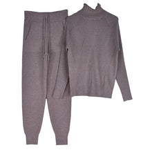 Laden Sie das Bild in den Galerie-Viewer, Women&#39;s tracksuit Turtleneck Sweater and Elastic Trousers Knitted Two Piece Set