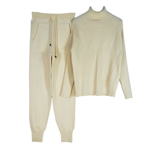 Women's tracksuit Turtleneck Sweater and Elastic Trousers Knitted Two Piece Set